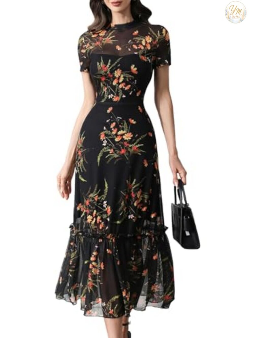 Floral Mesh Ruffle Maxi Dress A-Line Short Sleeve
